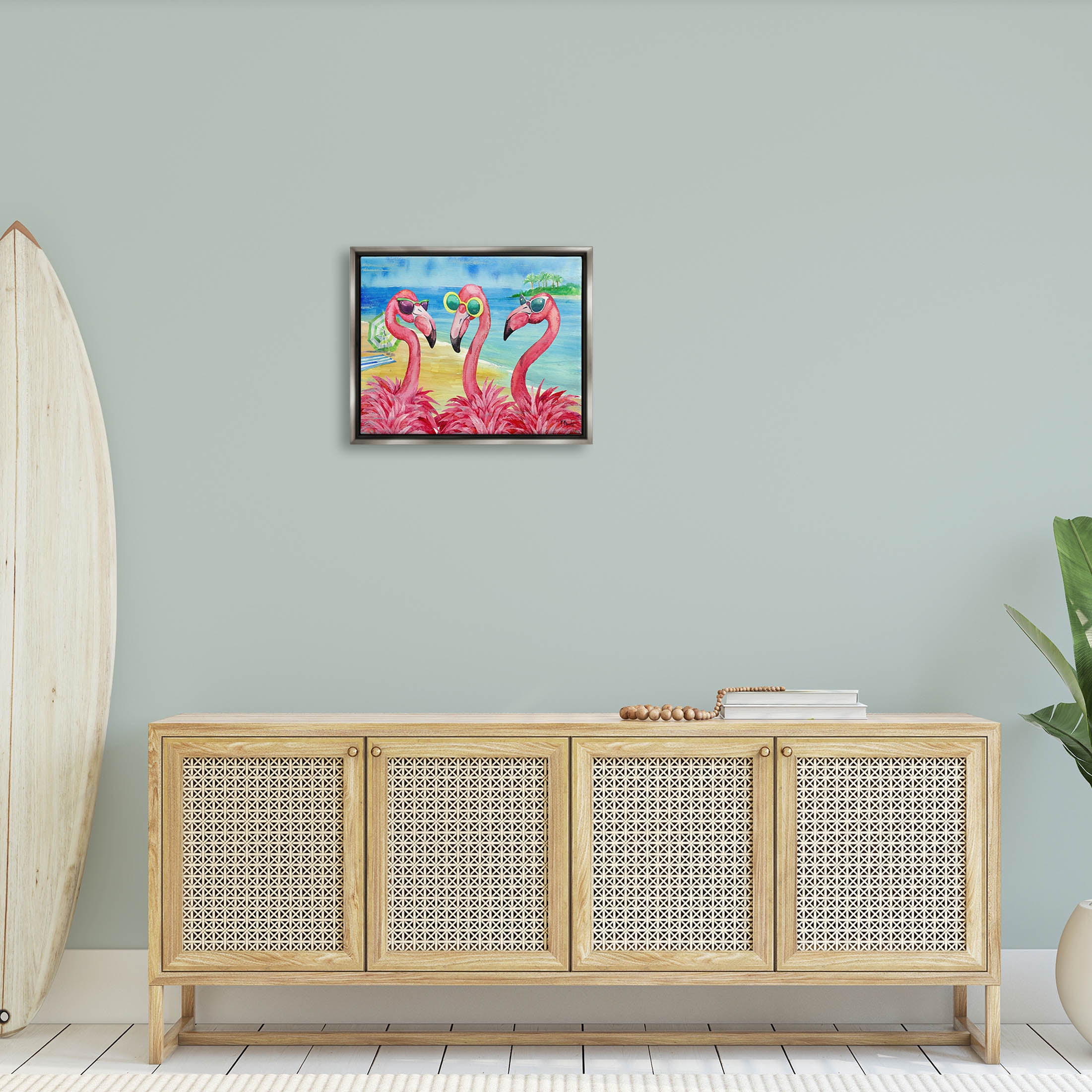 Stupell Industries Flamingo Girlfriends Tropical Coast Graphic Art Luster Gray Floating Framed Canvas Print Wall Art, Design by Paul Brent