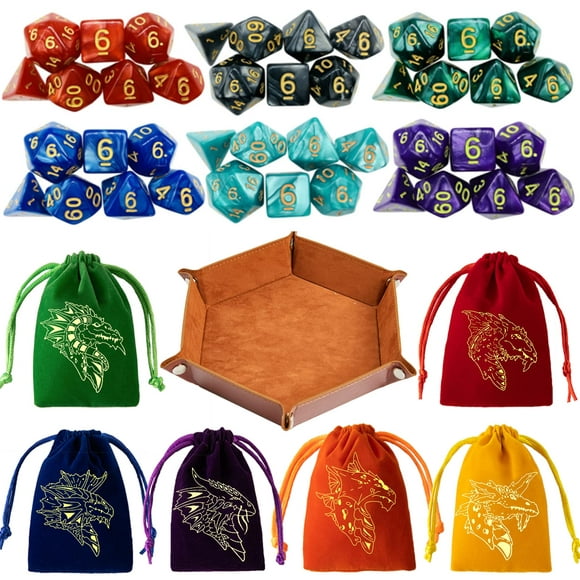 6 juegos de dados poliédricos Dnd de mazmorras y dragones, dados rodantes para juegos de mesa Rpg Mtg, dados a granel con seis bolsas con cordón y bandeja de dados D&D de cuero de PU (individual con b