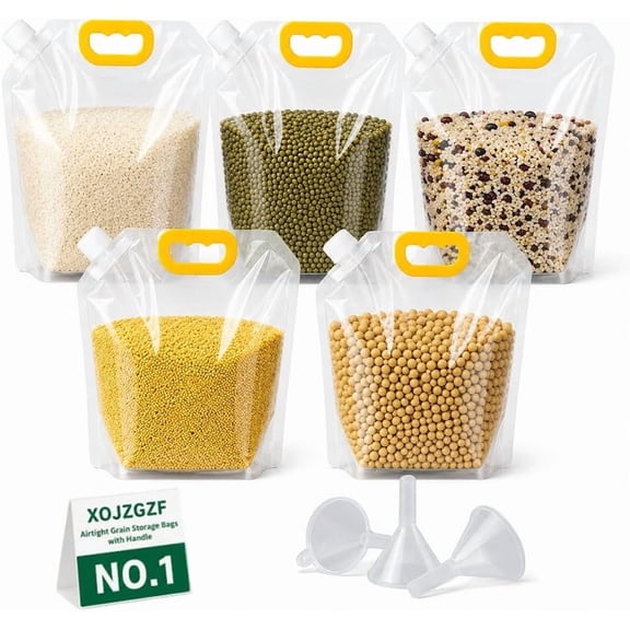 Airtight Grain Storage Bags with Handle, Large Capacity Cereal Bag, Reusable Rice Food Sealed Container, Moisture-Proof Dry Goods Sealing Stand-Up Leak Proof Prevent Liquid Spillage(5PCSx5L)