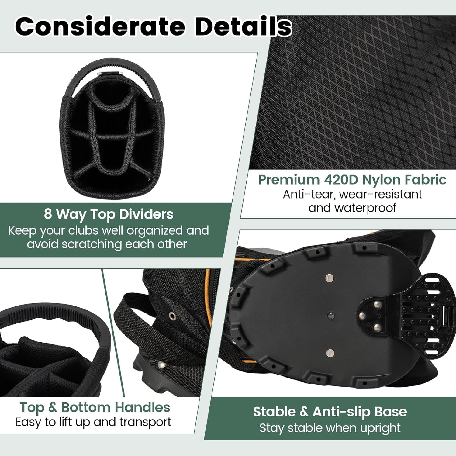 NIUMU Golf Stand Bag with 8 Way Top Dividers, Lightweight Golf Bag with Detachable Dual Strap & 7 Pockets, Rain Hood, Portable Golf Bag for Men & Women, Black