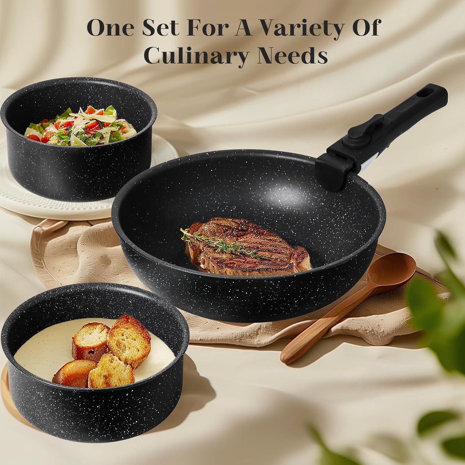 12-Piece Nonstick Pots and Pans Set, Stackable Kitchen Cookware Sets with Removable Handle, Induction Compatible, Black