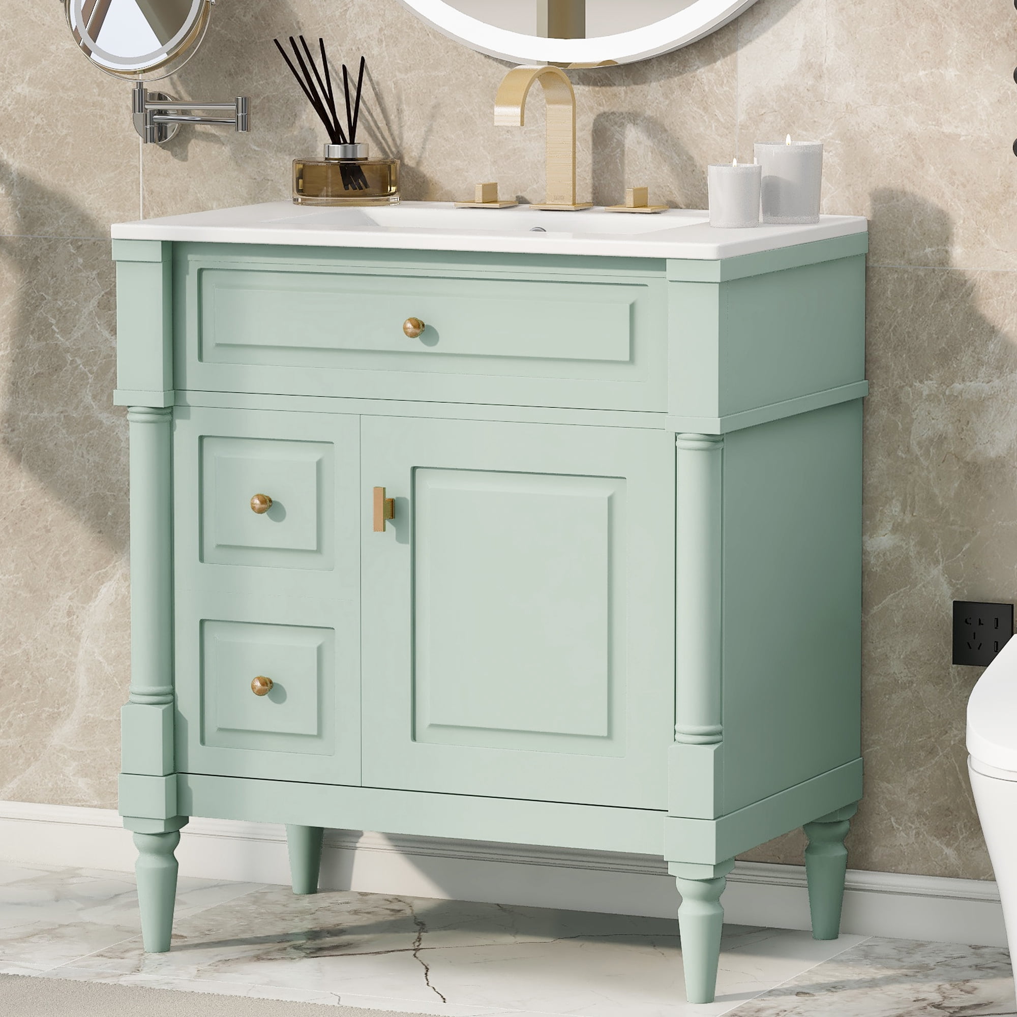 Euroco 30" Bathroom Vanity with Sink, Green Freestanding Bathroom Cabinet with Flip Drawer & Adjustable Shelf, Solid Rubberwood Frame, MDF Panels & Metal Handles