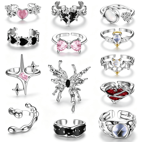 DESIGNICE 13 Pcs Y2K Rings for Women Vintage Irregular Rings for Women Men Chunky Adjustable Rings Gothic Goth Open Moonstone Butterfly Star Pink Heart Cool Statement Ring Aesthetic Accessories Ring