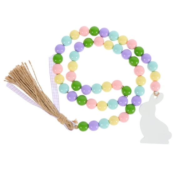 Qnmwood Outdoor Easter Wood Bead Garland with Tassels & Bunny Hanging Ornament