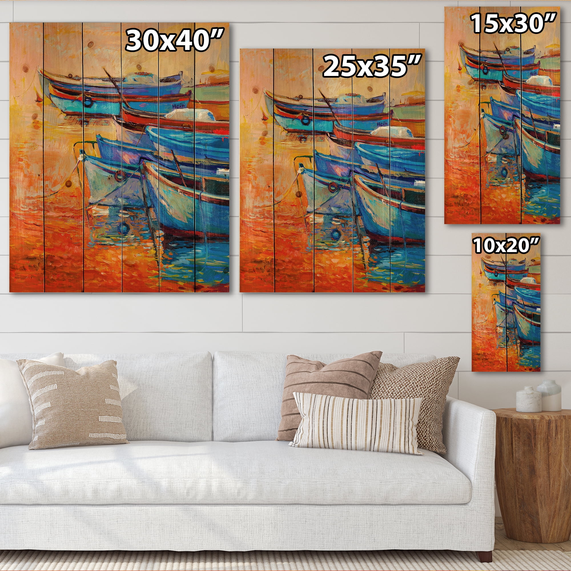 Designart 'Boats During Warm Sunset Resting On The Water VIII' Nautical & Coastal Print on Natural Pine Wood