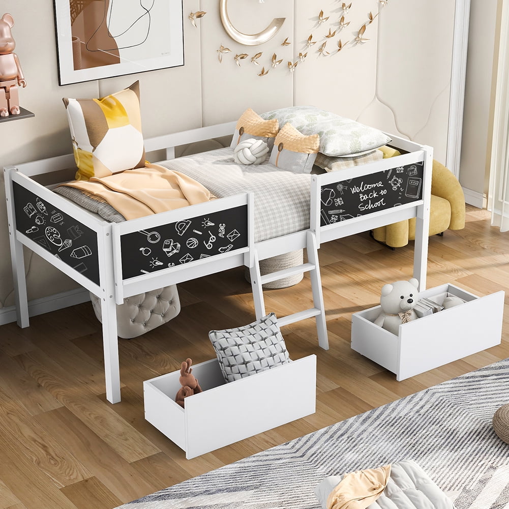 Kadyn Twin Size Low Loft Bed with Two Drawers,with Decorative Guardrail Chalkboard,White