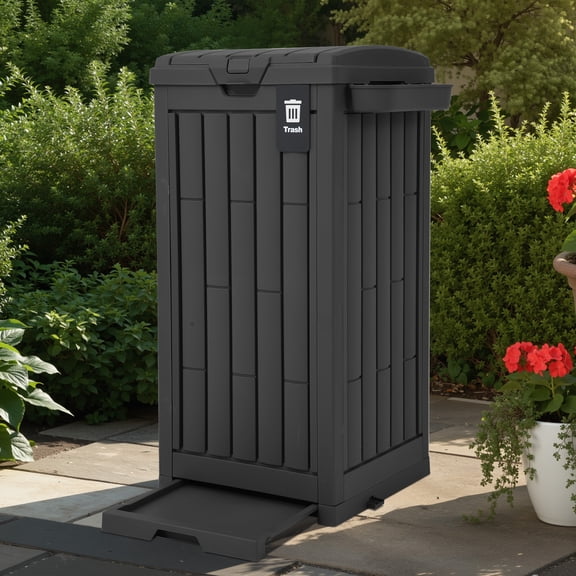Uforic 38 Gallon Outdoor Resin Trash Can with Lid, Includes Sorting Labels, Ash Holder, Stakes and Suction Cups, Hideaway Storage for Patio Backyard Garden, Black
