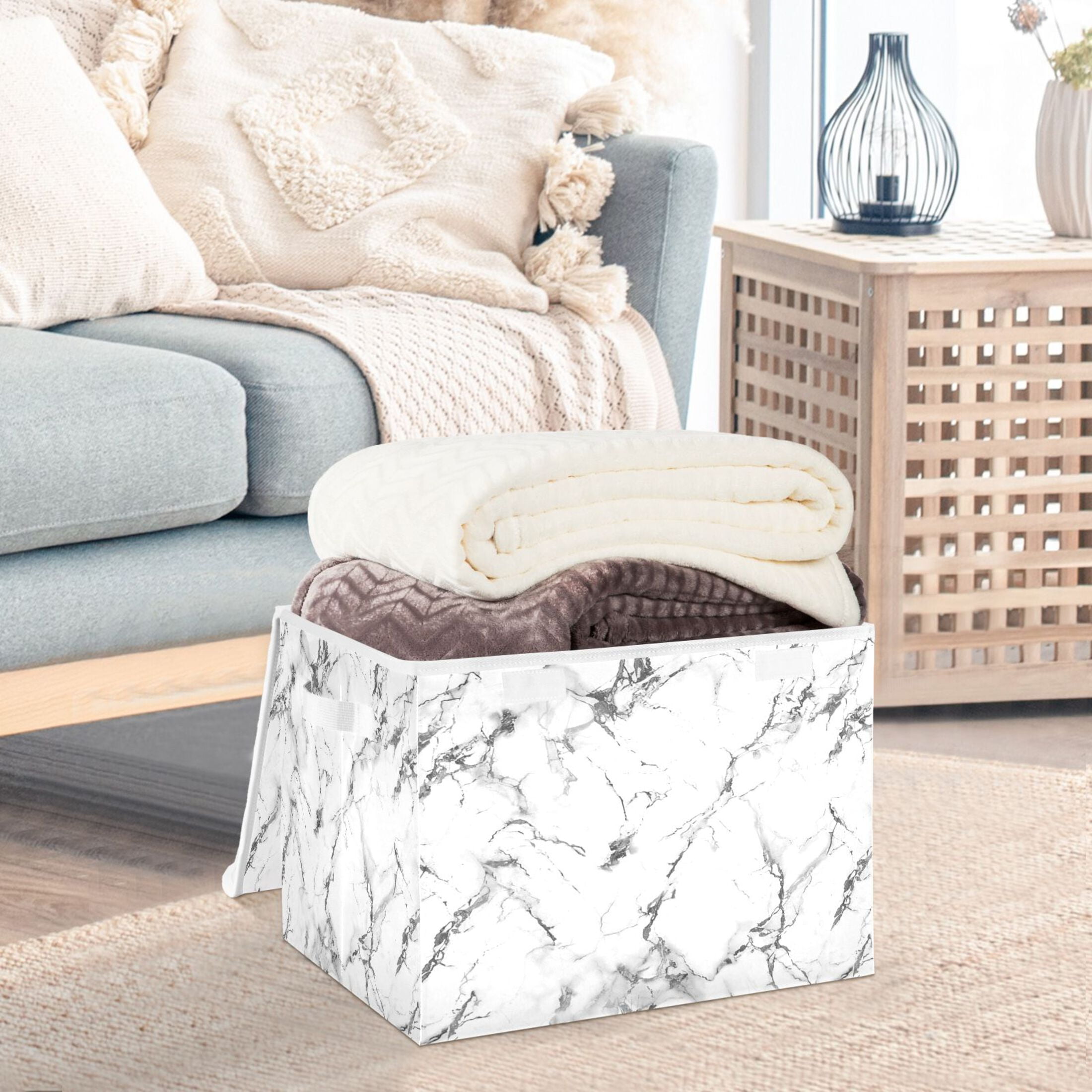 Ryvnso White Marble Large Lidded Foldable Storage Baskets Cubes Boxes Lids Bin for Home