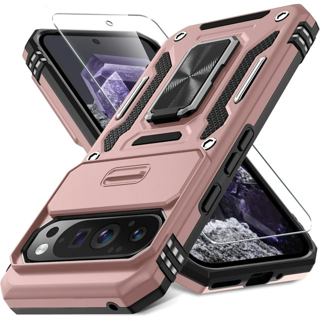 KOMI Case for Google Pixel 9/9 Pro with Slide Camera Cover+Screen Protector(1 Pack), Rotated Ring Kickstand Military Grade Shockproof Protective Cover-Rose Gold
