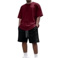 thumbnail image 2 of Domuza Men's Summer 2 Piece Outfits Solid Color Short Sleeve T-Shirt Shorts Tracksuit Set Wine 3XL, 2 of 4
