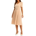 thumbnail image 4 of INSPIRE CHIC Women's Dress Work V-Neck Short Sleeve Below Knee Belted A-Line Pleated Dress XS Apricot, 4 of 6