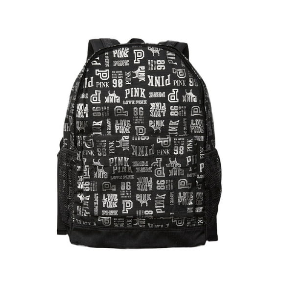 Victoria's Secret Women's Classic Book Bag Recycled Polyester Backpack, Black Silver