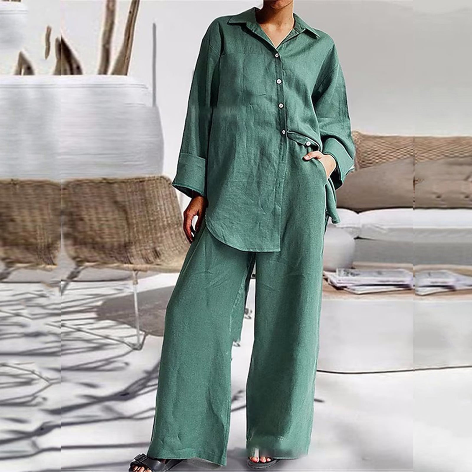 YanHoo Linen 2 Pieces Outfits Long Sleeve Button Down Shirts with Baggy  Wide Leg Pants Sets Loungewear Plus Size Womens Clothes 