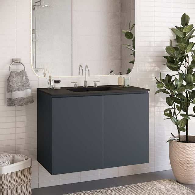 Modway Bryn Meuble-Lavabo de Salle de Bain Mural 36 Pouces Gris Noir