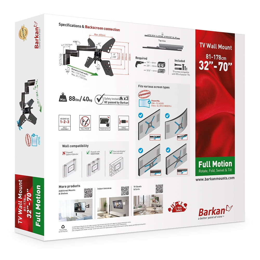 Barkan Long TV Wall Mount, 32 - 70 inch Full Motion Patented Flat / Curved Screen Bracket, Holds up to 88lbs, Very Low Profile, Fits LED OLED LCD