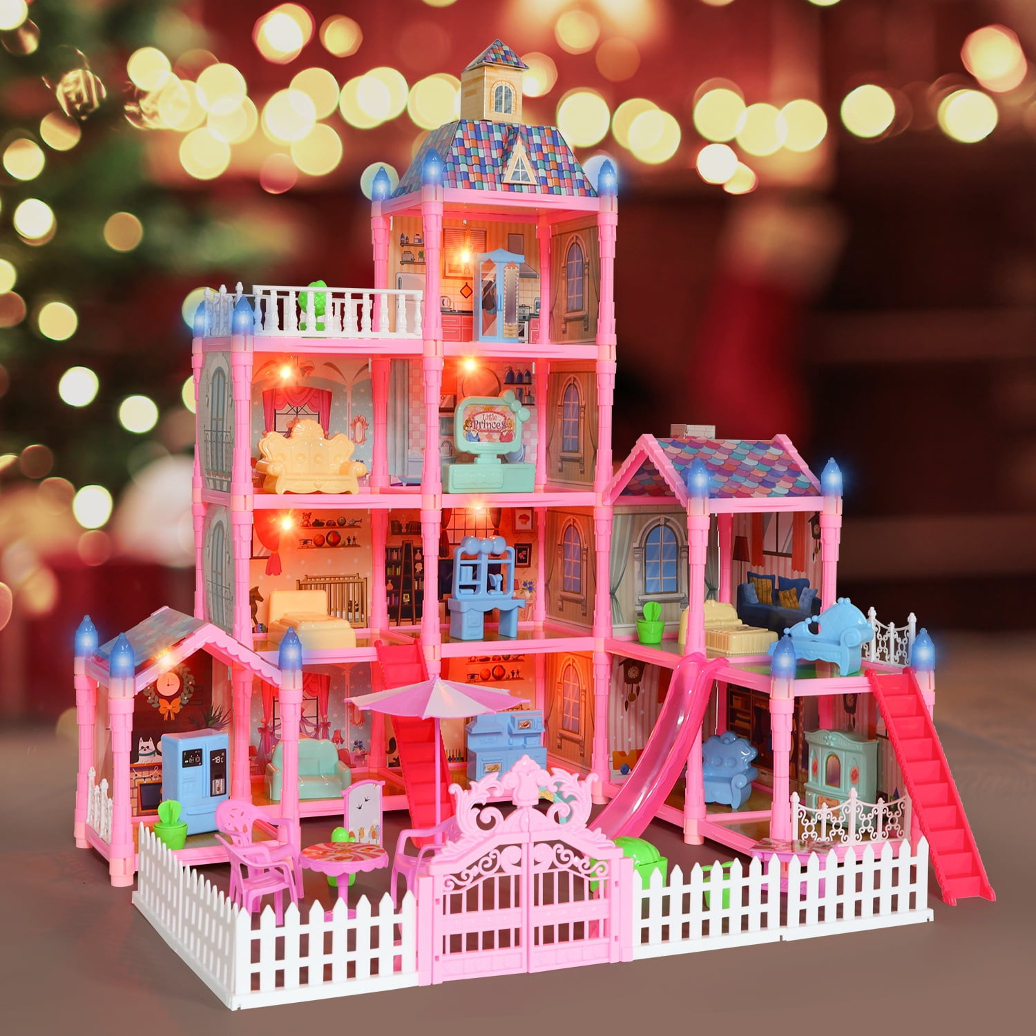 JoyStone 10 Rooms DollHouse, Huge Dollhouse Playset with LED Lights, Dolls, Furnitures, Accessories with Play Mat DIY Pretend Play Toys Gifts for Kids