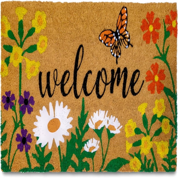 RLESO Door Mat Floral 30X17 Inch,Flower Doormat,Coir Doormat for Covered Outdoor Area,Welcome Mat for Outside Entrance,Floral Outdoor Rug