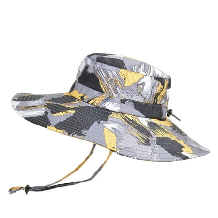 Vinsonshop Mens Tactical Sun Hat Camo Bucket Hats Wide Brim UV Protection Packable Safari Boonie Cap with Chin String for Fishing Camping Yellow