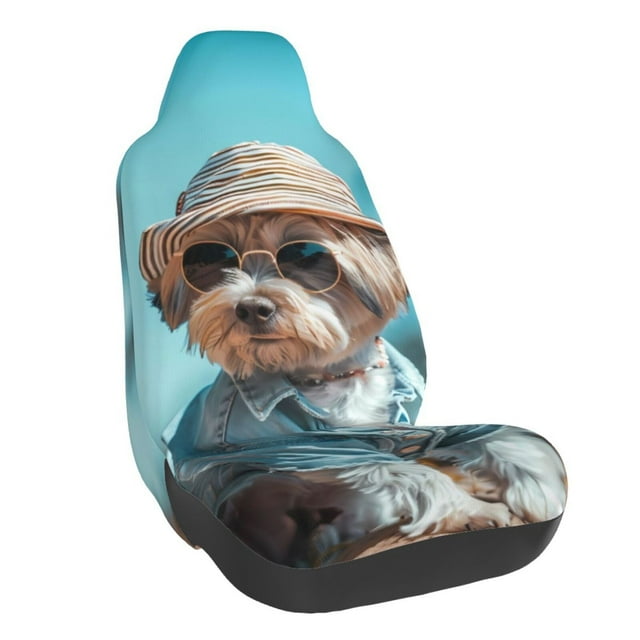 Wukai Stylish Dog in Denim Outfit Full Set Car Seat Covers with Soft Padding Universal Auto Front Seats Protector and Cushion Mat