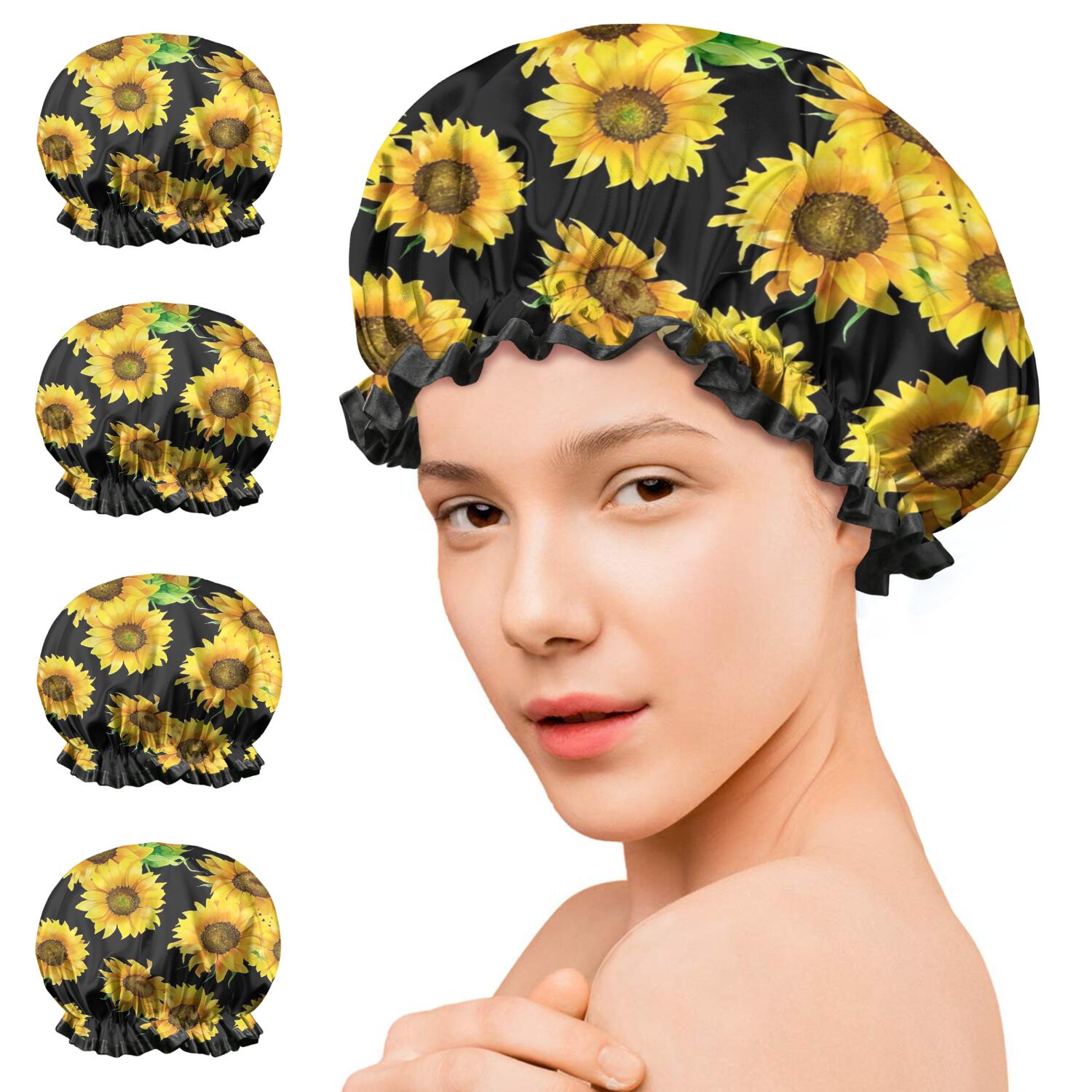 Shower Caps,Black Sunflower Green Leaf Pattern Waterproof Shower Cap for Women 4 Pieces,Double Reusable Hair Cover for Shower PEVA Elastic Stretch Hem