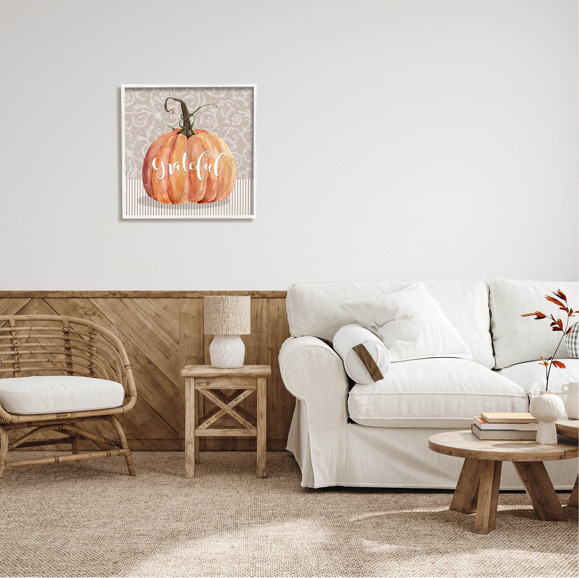 Stupell Industries Grateful Autumnal Pattern Pumpkin Graphic Art White Framed Art Print Wall Art, Design by Livi Finn