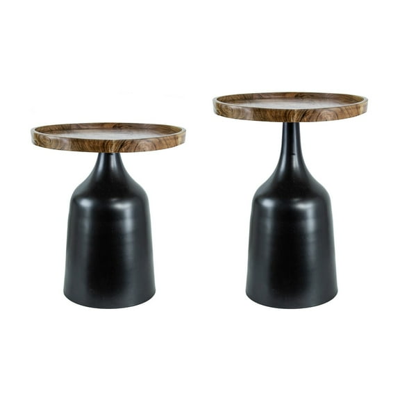 20, 17 Inch Side Table, Acacia Wood, Flared Pedestal Base, Aluminum, Black, Saltoro Sherpi