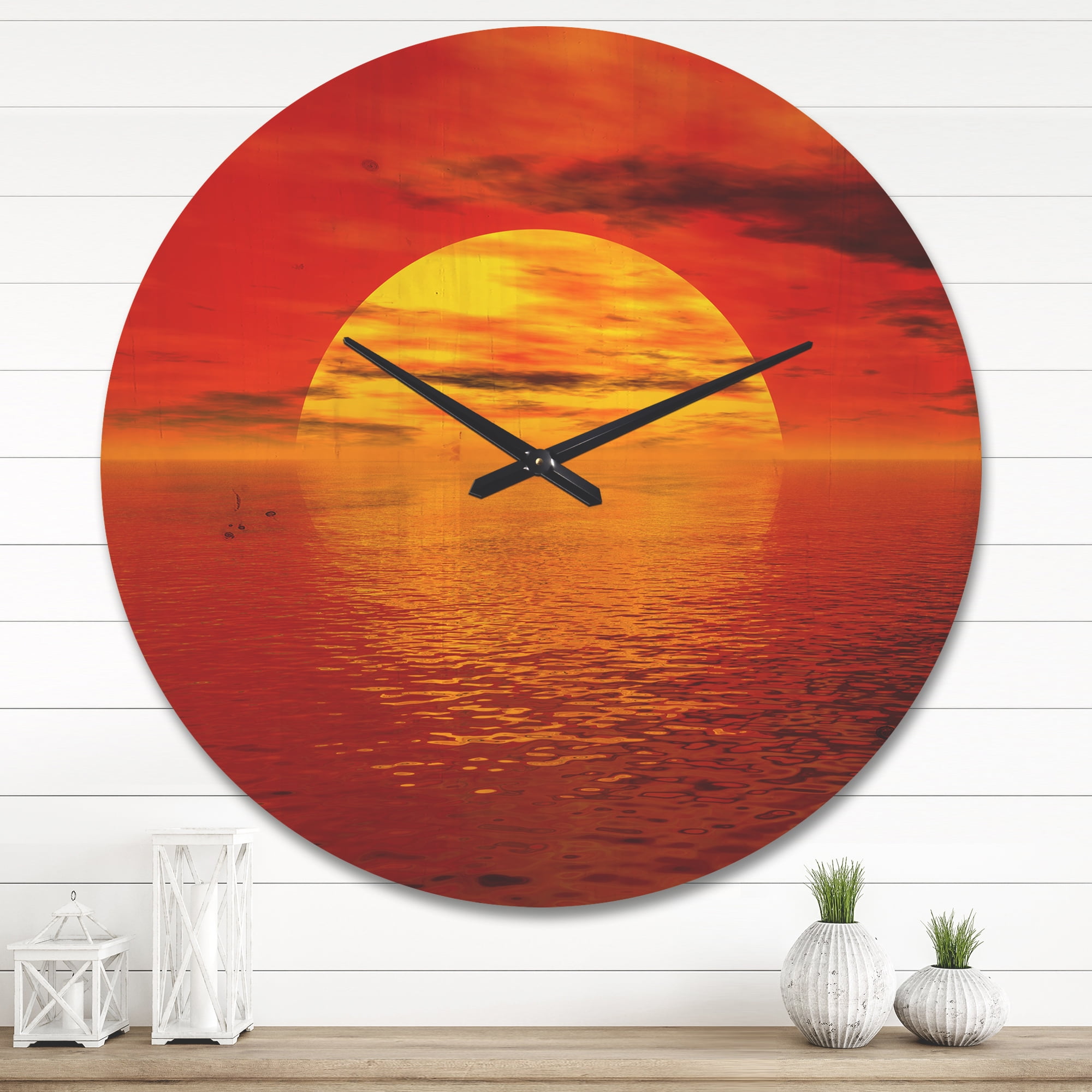 Designart 'Yellow Sun Falling to Red Ocean ' Modern Wood Wall Clock