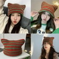 thumbnail image 5 of Aosijia Women Striped Knitted Crochet Hat Cat Ear Beanie Hat Winter Warm Slouchy Hat (B), 5 of 11