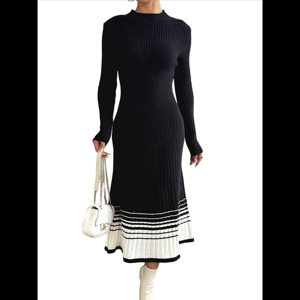 Vestido Tipo Suéter de Larga con Dobladillo A Rayas y Bloques de Color para Mujer, Plisado, Corte en A, de Punto Acanalado Negro L
