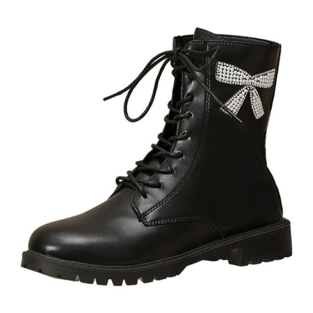 OJSFQUFP Womens Shoes Winter Warm Boots Ladies Rhinestone Bow Leather Round Toe High Heel Solid Color Strappy Zipper Mid Calf Large Size Boots Ankle Boots Short Boots Womens Chelsea Boots Black 38