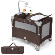 Gymax 5-in-1 Portable Crib Playard Baby Beside Sleeper Bassinet w/Diaper Changer Brown, Unisex