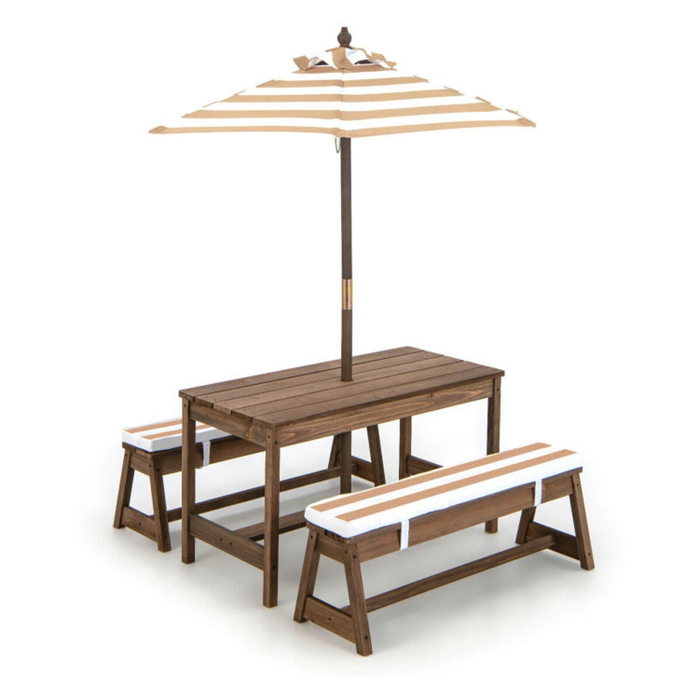 GVN Kids Picnic Table and Bench Set with Cushions and Height Adjustable Umbrella-Brown, Kids Desk and Chair Set for Arts & Crafts, Snack Time, Homeschooling, Homework