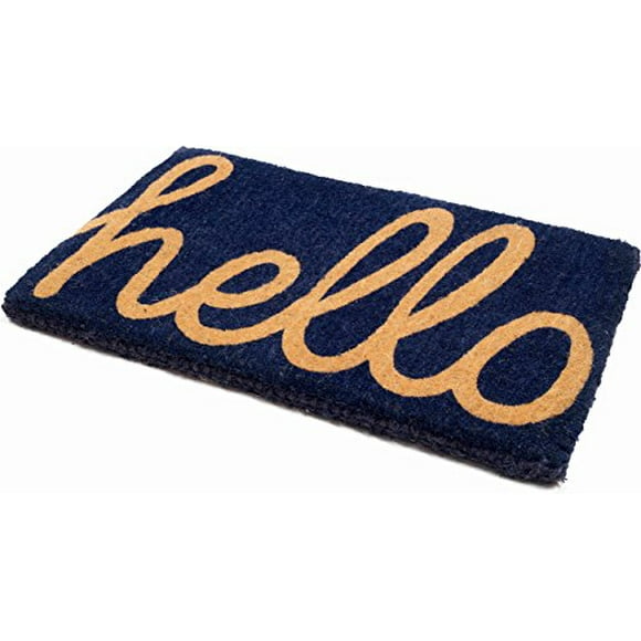 Fab Habitat Extra Thick Doormat - Handwoven, Durable - Natural Coir - Entryway, Front Door, Porch, Patio - Cursive Hello Blue (18" x 30" Thick)