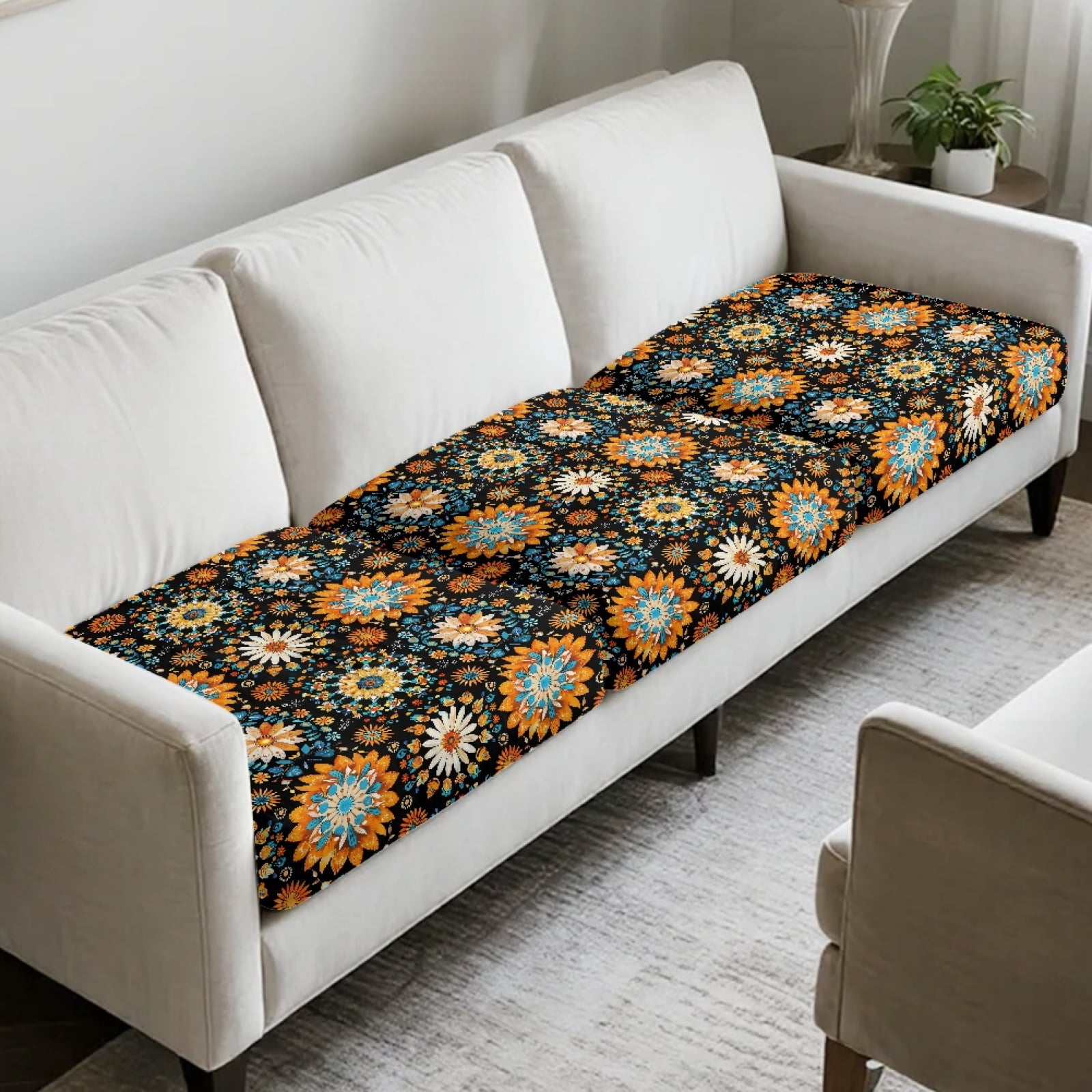 COEQINE Stretch Armchair Cushion Cover Washable Couch Cushion Cover Fitted Sofa Seat Slipcover Sets Separate Sectional Sofa Cover for Home Decor, 3 Pieces, Boho Mandala Floral Orange