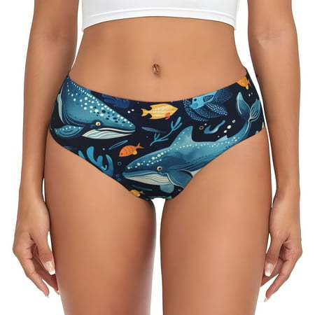 Naloa Playful Whales Underwater Scene Womens No Show Cotton Underwear Mid-High Waisted Soft Ladies Panties Strech Breathable Briefs -3X-Large