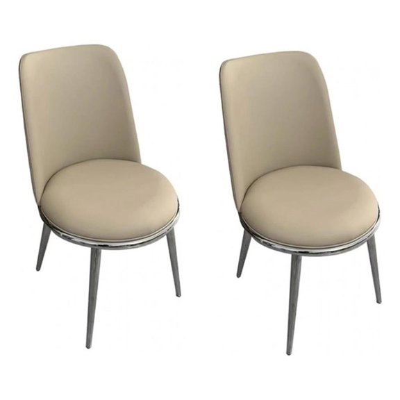 Relli Side Dining Chair Set of 2-Silver Metal-Taupe Faux Leather Round Seats