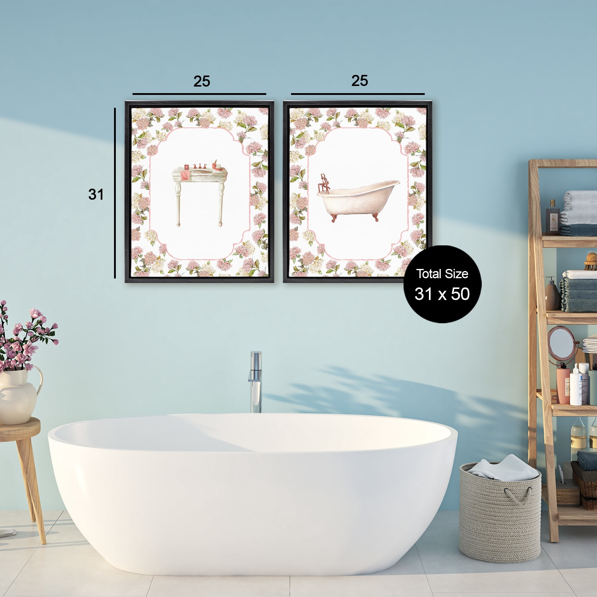 Stupell Industries Elegant Hydrangeas Bathroom 2 Piece Black Framed Floater Canvas Set, design by Carol Robinson