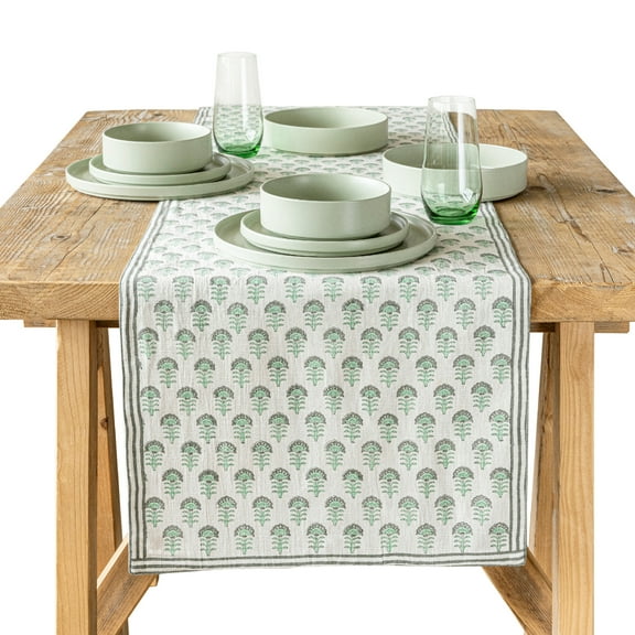 over&back 18x90 Hand-Blocked Printed Cotton Table Runner - Washable Table Runners for a Custom Home Decor Tablescape - Perfect for Coffee Table, Dinner Table, Living Room, and More - Green Flower