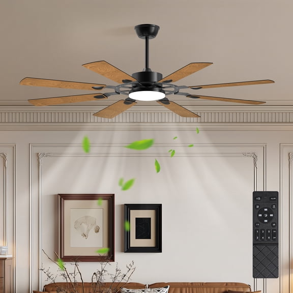 60 Inch Ceiling Fan with Lights and Remote Control, 8 Plywood Blades, 6-Speed Noiseless Reversible DC Motor, 3CCT, Windmill Ceiling fan for Kitchen Bedroom Living Room, Black