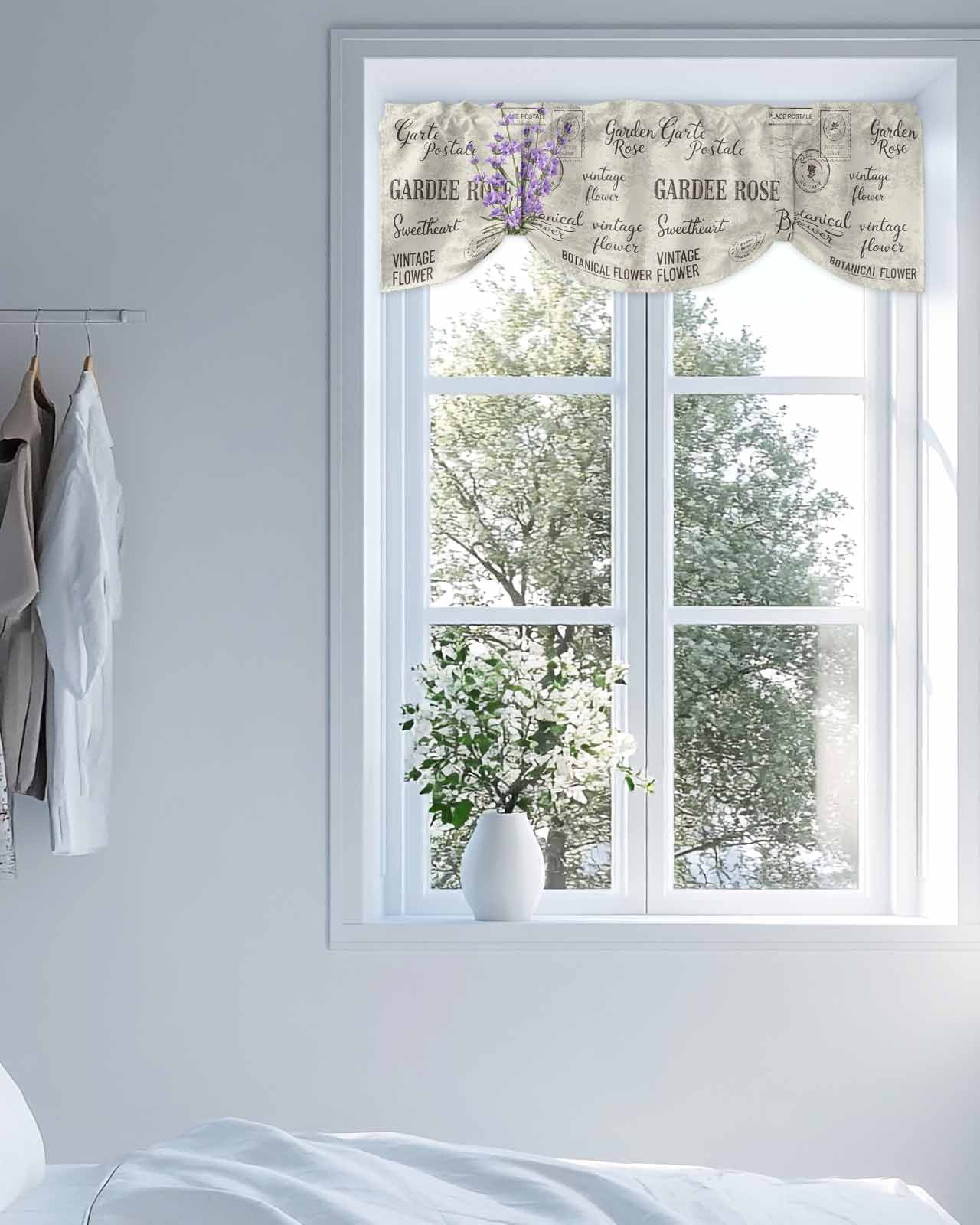 Purple Lavender Tie Up Valances Curtain, Vintage Letter Texture Flowers Floral Kitchen Valances for Windows Decor, Rod Pocket Short Curtains Set for Bedroom/Bathroom, 54"x18"