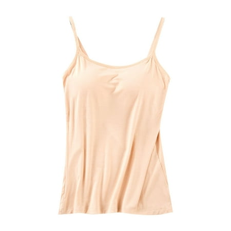 KALE Plain Tank Tops for Women Bras Top Adjustable Strap Sleeveless Basic Solid Camisole V Neck With Built In Padded Bra Vest Boat Neck Tops Beige