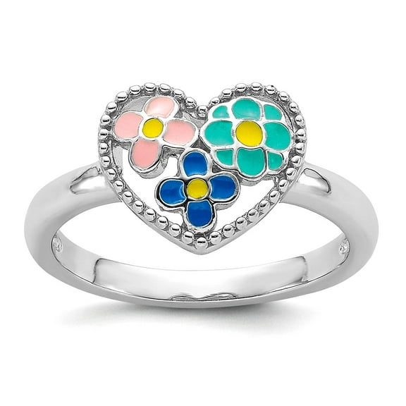 925 Sterling Silver Rhodium Plated Love Heart Enamel Flowers Mini Ring Size 4 9.15mm Wide 1.4mm Thick Statement Ring for