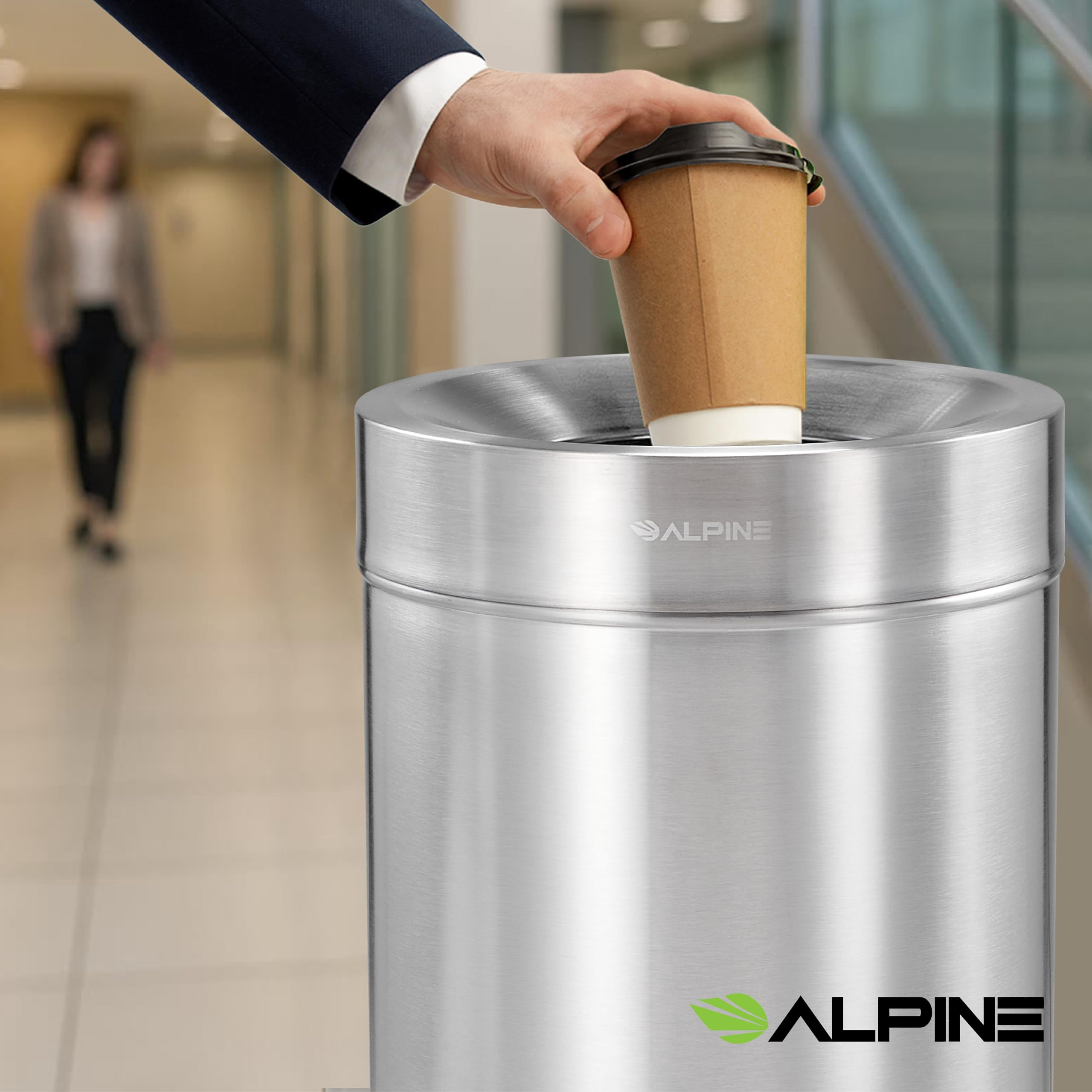 Alpine Industries 27 Gallon Stainless Steel Trash Can - Heavy Duty Indoor Garbage Bin - Corrosion Proof Waste Disposal for High-Traffic Areas