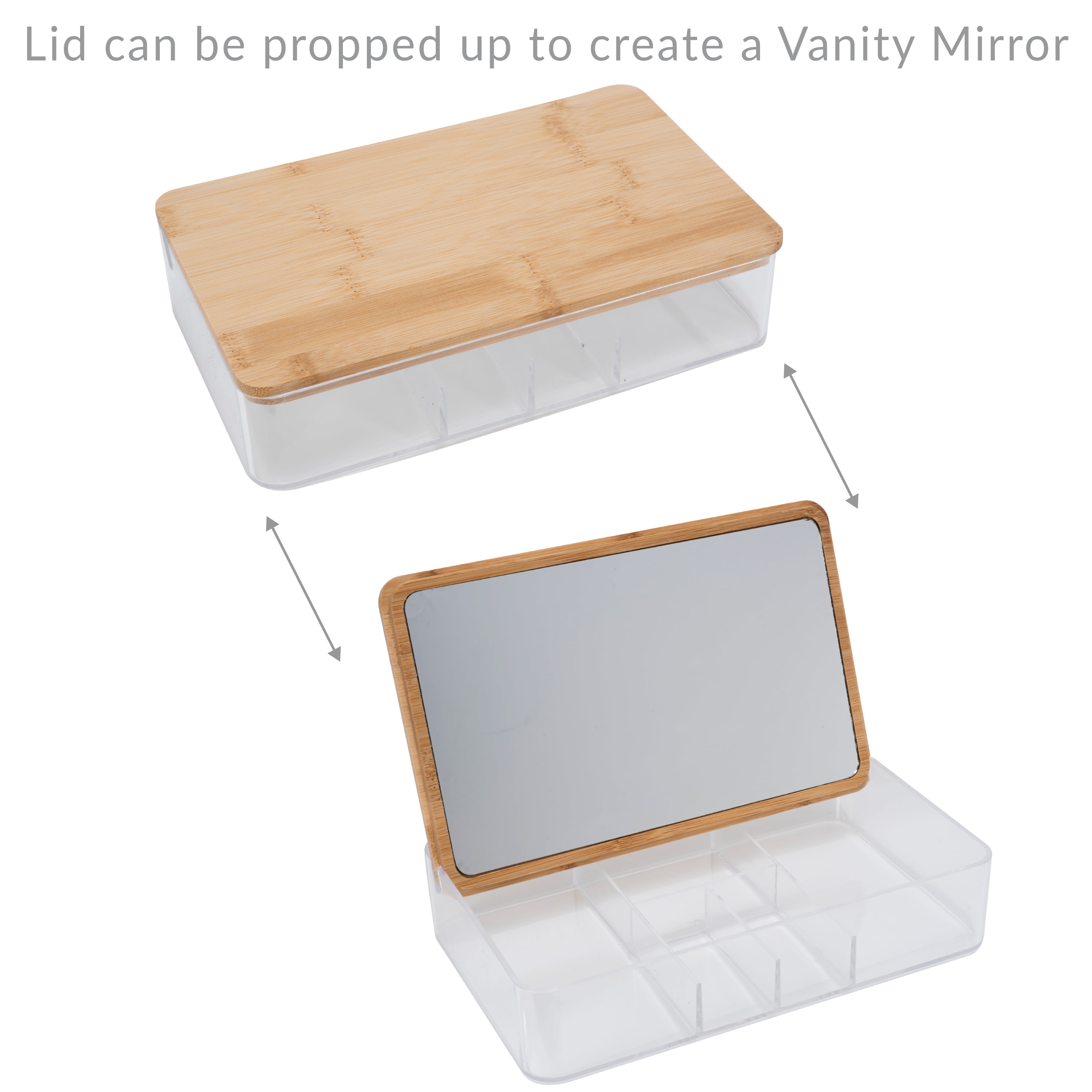 Simplify 5 Compartment Clear Organizer Jewelry Box with Bamboo Lid & Mirror