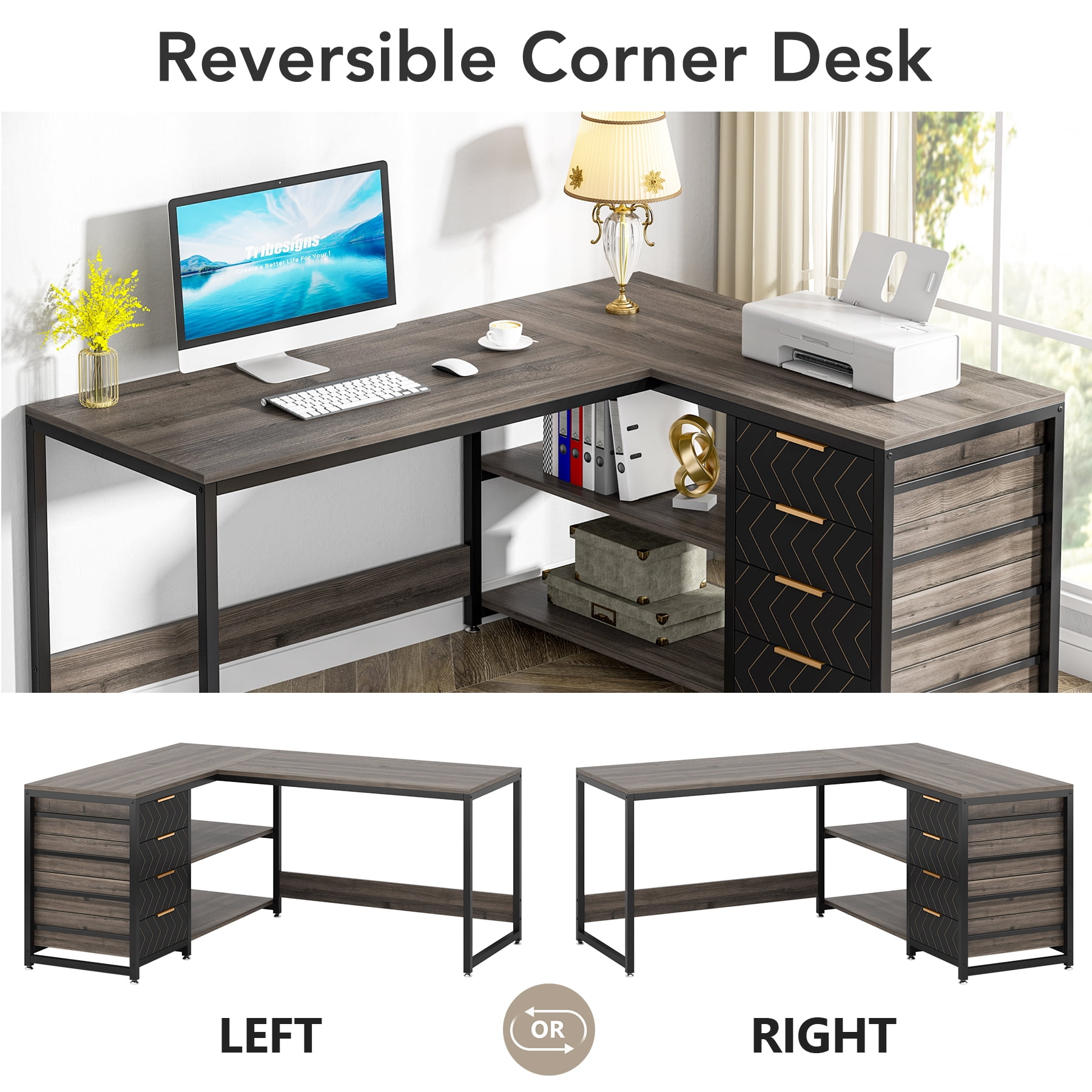 Tribesigns L-shaped Computer Desk, 59 inch Corner Desk with Drawers and Storage Shelves, Reversible Writing Study Table for Home Office, Grey