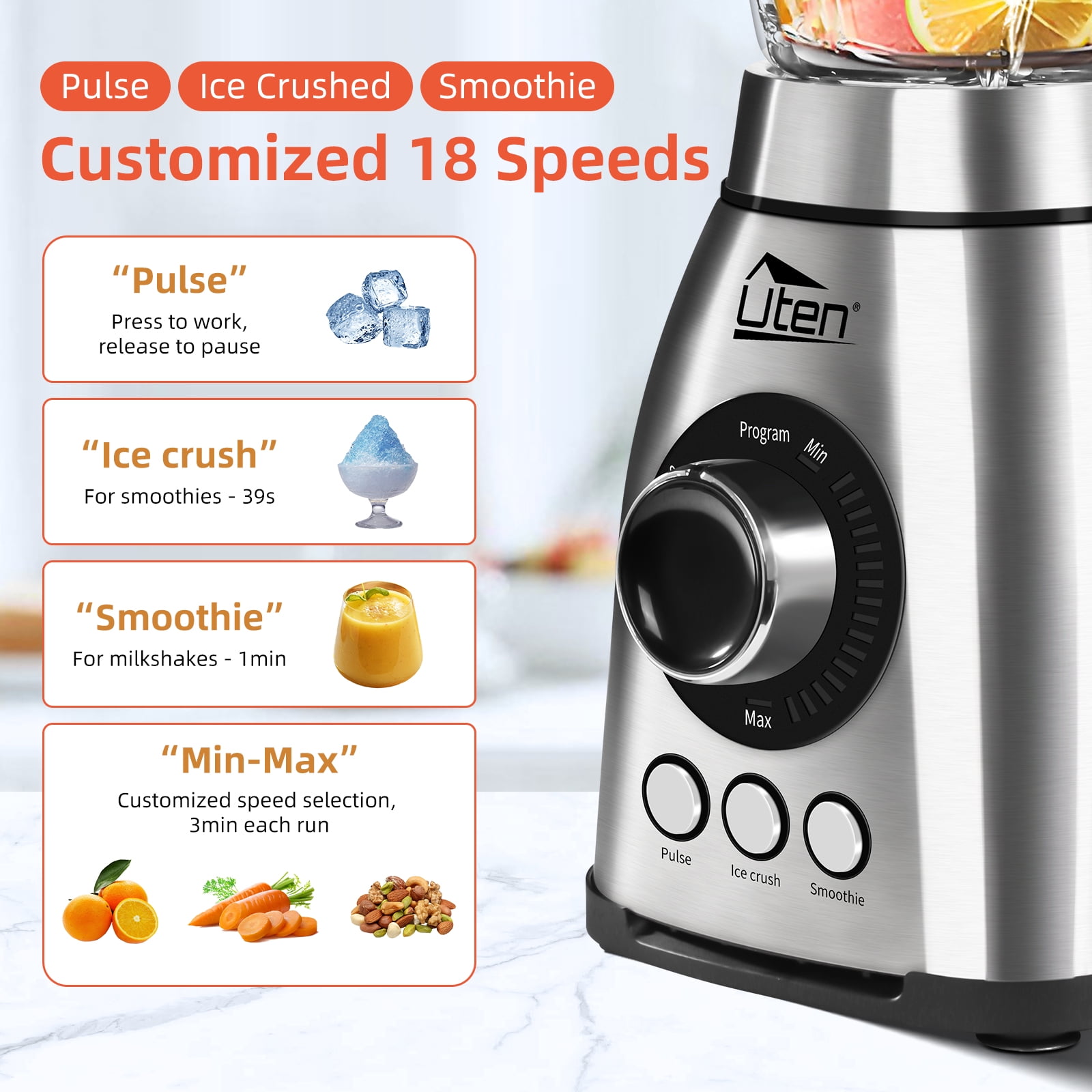 Uten Glass Blender for Kitchen, 18 Speed Countertop Blender with 63oz Glass Jar, Professional Smoothie with 6-Leaf Stainless Steel Blade