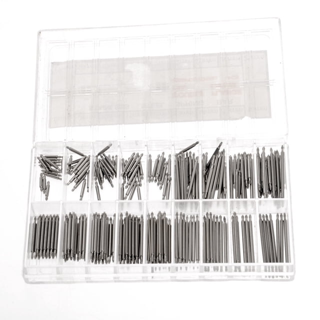 GOOHOCHY Una caja de 270 piezas de acero inoxidable de 8 mm a 25 mm, correa de reloj, pasadores de enlace, barra de resorte, herramienta de reparación (plateado)