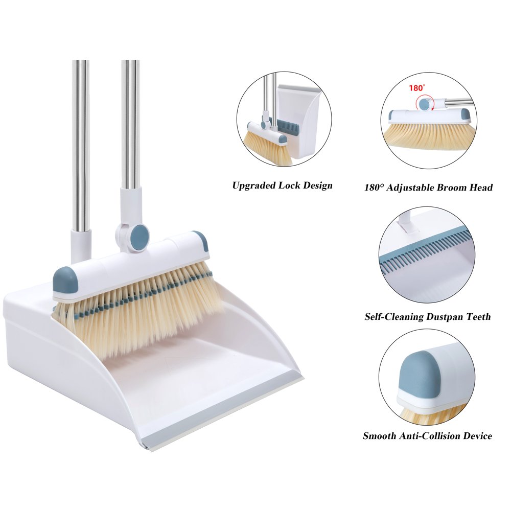 WiseWater Broom and Dustpan Set, SelfCleaning with Dustpan Teeth, 3