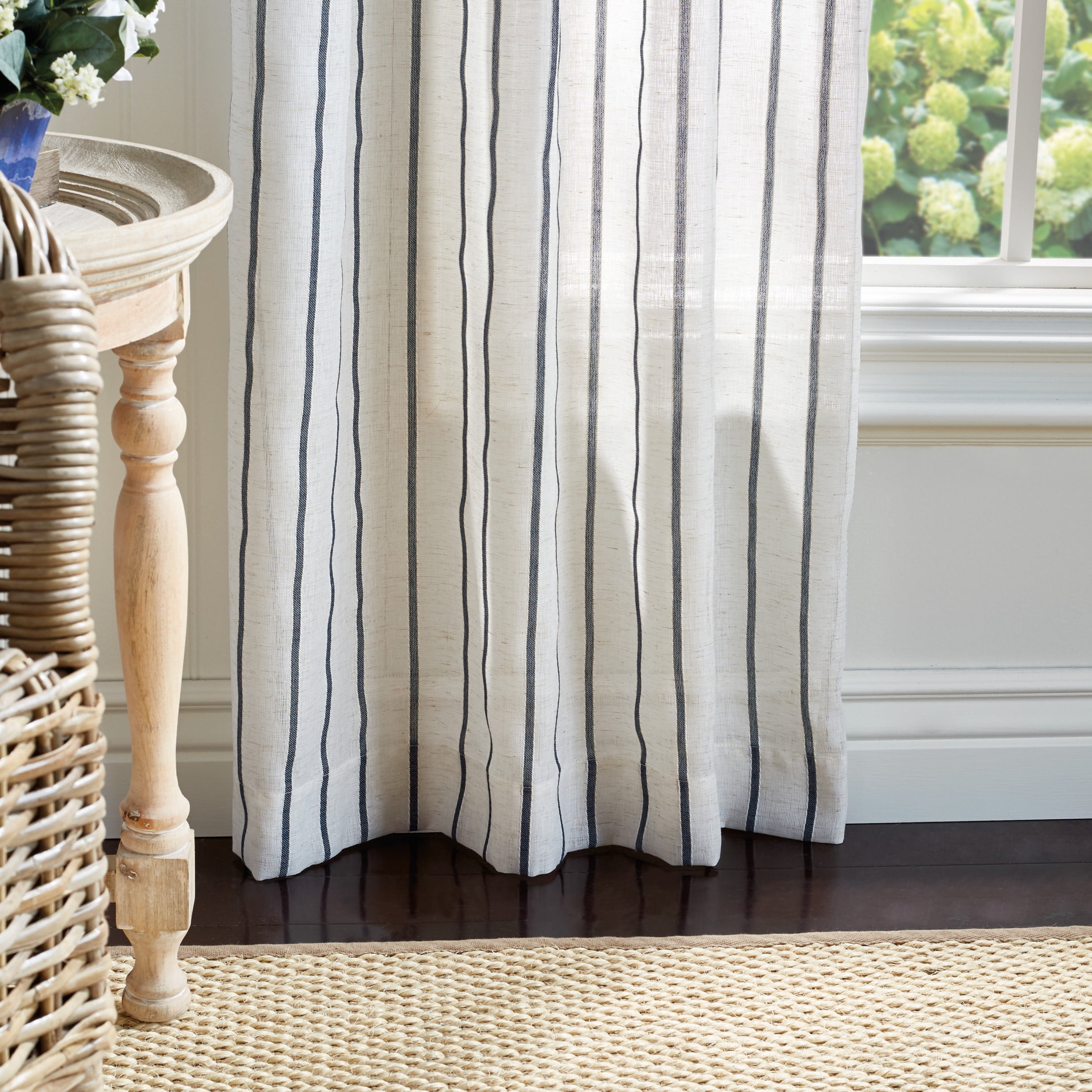 Martha Stewart Laguna Stripe Curtain Panel Pair, Navy, Tie Tab, Semi Sheer, Indoor, Adult, 2 Piece Set, 37"x 95"