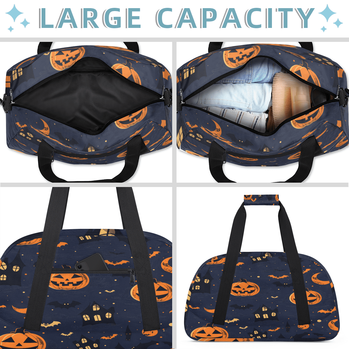 Herdesigns Sports Duffle Bags Travel Duffle Bag Gym Bag Halloween Pumpkin Bat Weekender Travel Bag Waterproof Overnight Bag Carry On Travel Tote Bag Dance Bags
